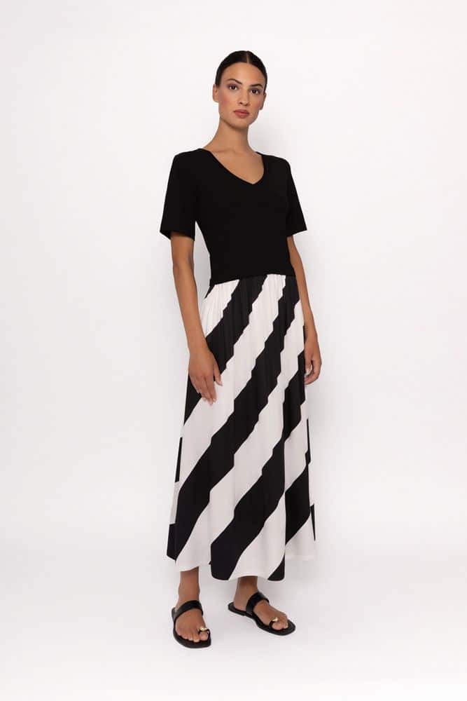 vestido midi combi punto rayas